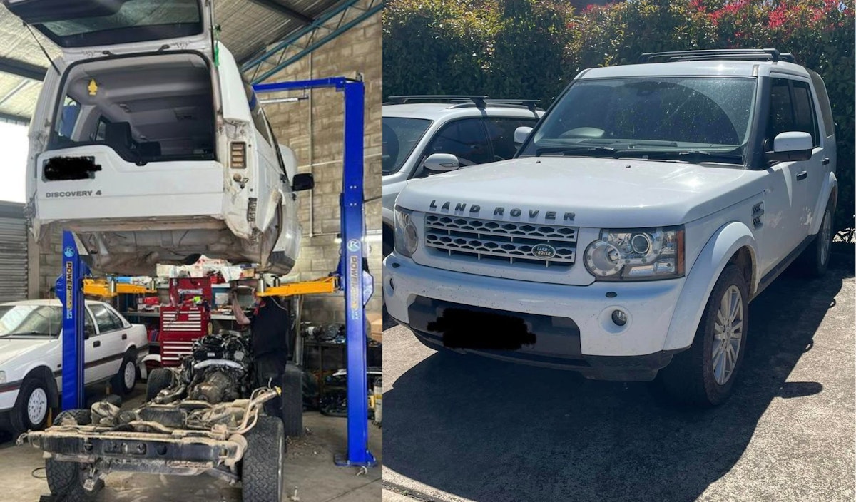 Range Rover chassis lifted off body for repairs.